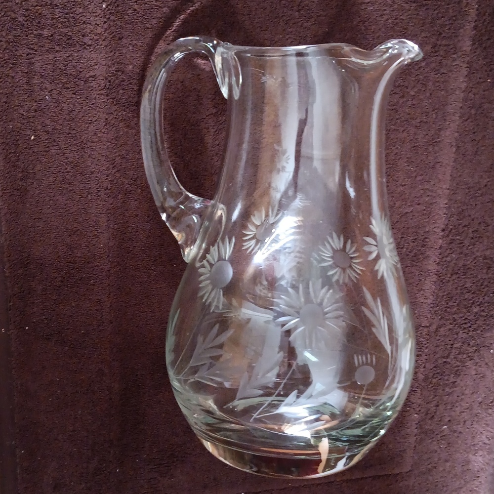 Vintage Floral Etched Crystal Clear Glass Pitcher